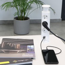Вертикален контакт за вграждане в плот - 3 гнезда + 2 USB тип А и С -   бял