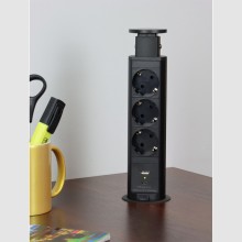 Разклонител /контакт за вграждане с 3 гнезда модел LIFT BOX, 2USB входа, Шуко, Черен